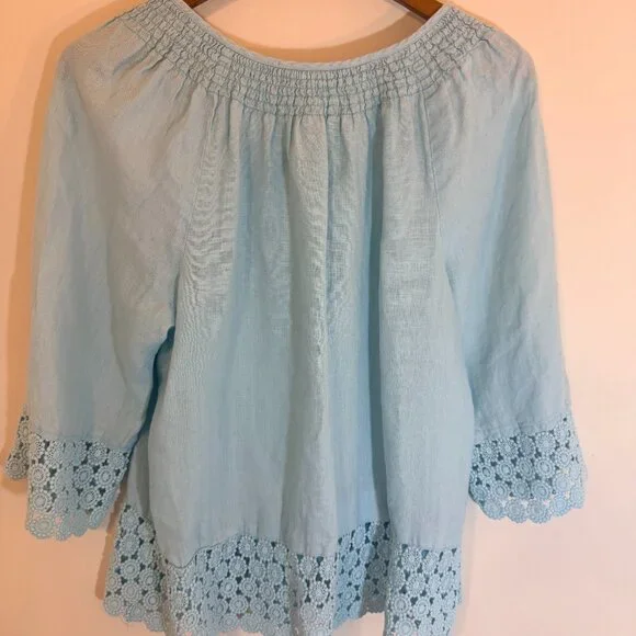 Charter Club Linen Luxury Blue Peasant Style Smocked Neckline Top Size 2X - Picture 2 of 12